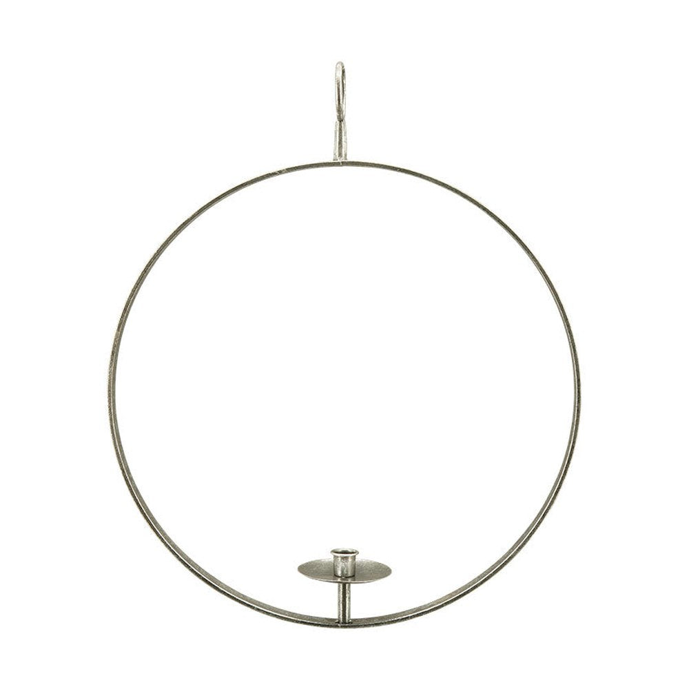 Modern, skandináv stílusú, óriás méretű, antikolt felületű, ezüst színű, fémből készült, függeszthető gyertyatartó karika.