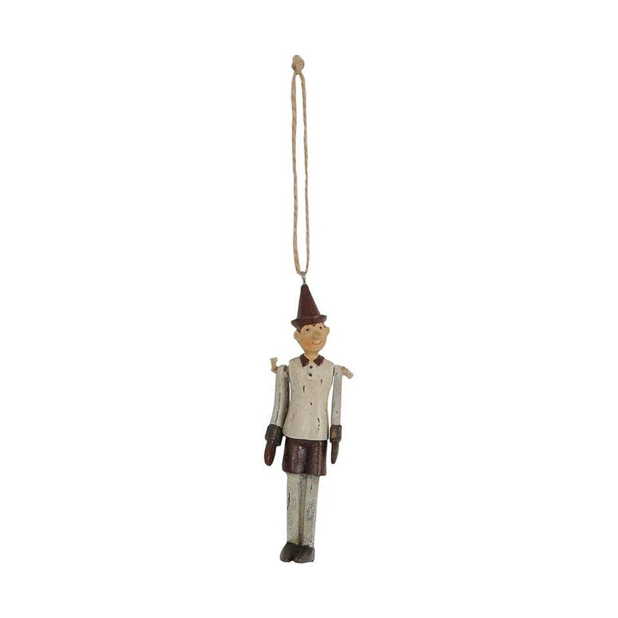 Vintage stílusú, 12 cm magas, fa hatású, függeszthető Pinokkió-figura.