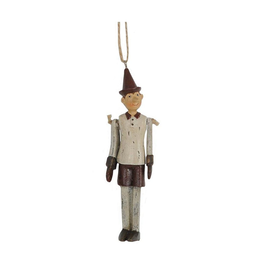 Vintage stílusú, 12 cm magas, fa hatású, függeszthető Pinokkió-figura.