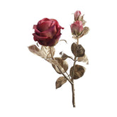 Glamour stílusú mű rózsaág  pezsgőszínű szárral és levelekkel, fáradt bordó színárnyalatú virágfejekkel.