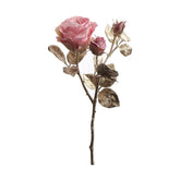 Glamour stílusú, élethű, exkluzív megjelenésű,, fényes, pezsgő színű szárú és levelű, pink színárnyalatú nyílt és bimbós virágfejű mesterséges rózsaág.