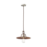 Rusztikus, vidéki stílusú, állítható magasságú, antikolt, repesztett felületű mázas kerámiából és rozsdás fémből készült, textilburkolatú vezetékkel kialakított, kézműves függeszték lámpa.