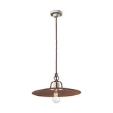 Rusztikus, vidéki stílusú, állítható magasságú, antikolt, repesztett felületű mázas kerámiából és rozsdás fémből készült, textilburkolatú vezetékkel kialakított, kézműves függeszték lámpa.