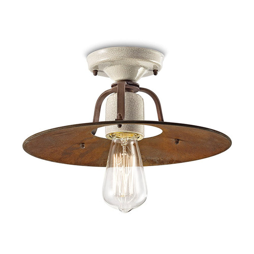 Rusztikus, vidéki stílusú, antikolt, repesztett felületű mázas kerámiából és rozsdás fémből készült, kézműves mennyezeti lámpa.