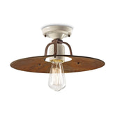 Rusztikus, vidéki stílusú, antikolt, repesztett felületű mázas kerámiából és rozsdás fémből készült, kézműves mennyezeti lámpa.