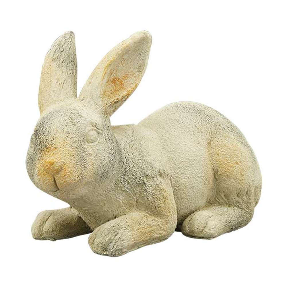 Rusztikus vidéki stílusú, 22 cm hosszú és 15 cm magas, antikolt felületű, krém színű húsvéti nyuszi figura.