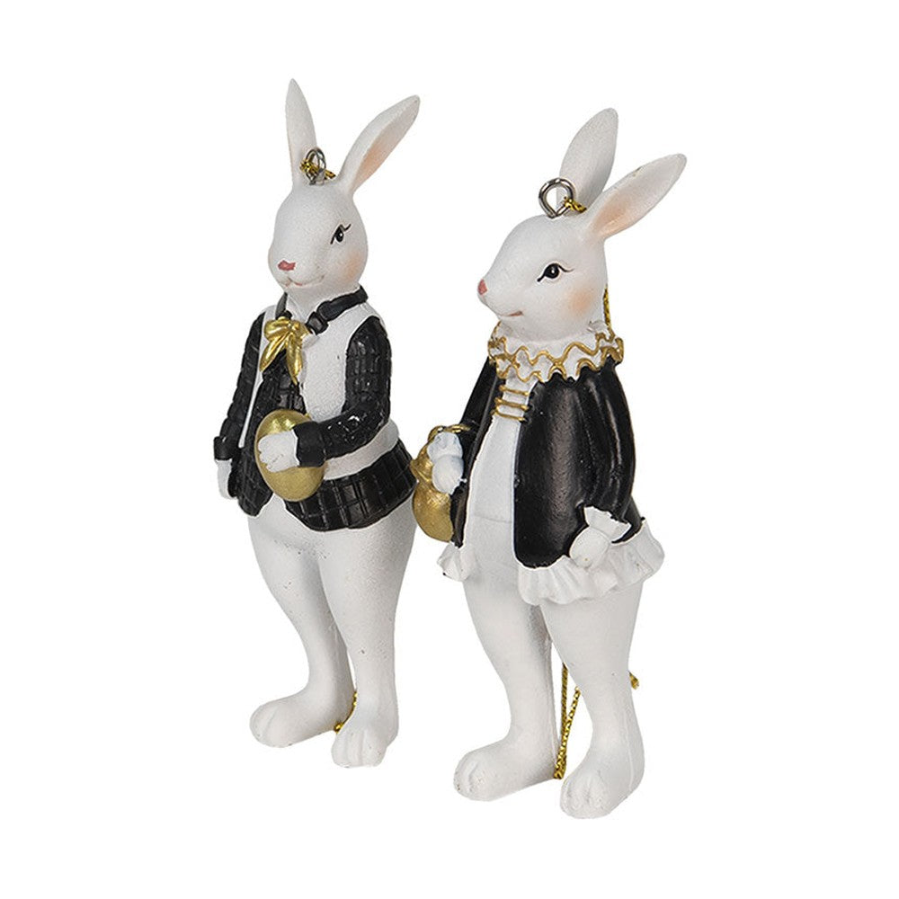 Fub Funky stílusú,, fekete és aranyszínű ruhájú, függeszthető kialakítású nyuszi pár.