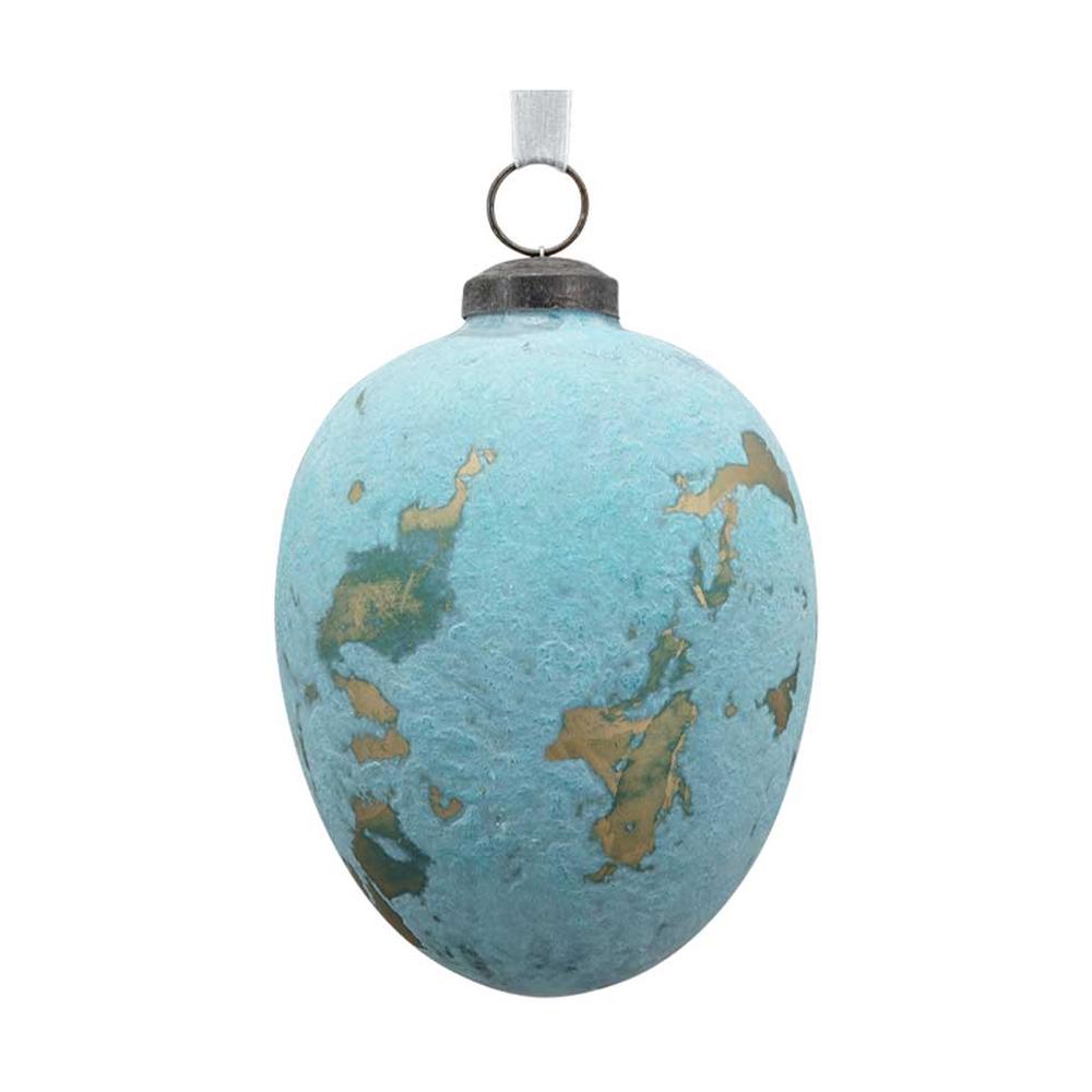 Vidéki vintage stílusú, patinás antik kék színű felületű, 13 cm magas, függeszthető húsvéti üveg tojás