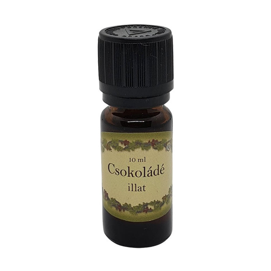 Csokoládé illatú illóolaj 10 ml-es barna üvegcsében, fekete kupakkal, telt, édes aromával, párologtatáshoz ajánlva.