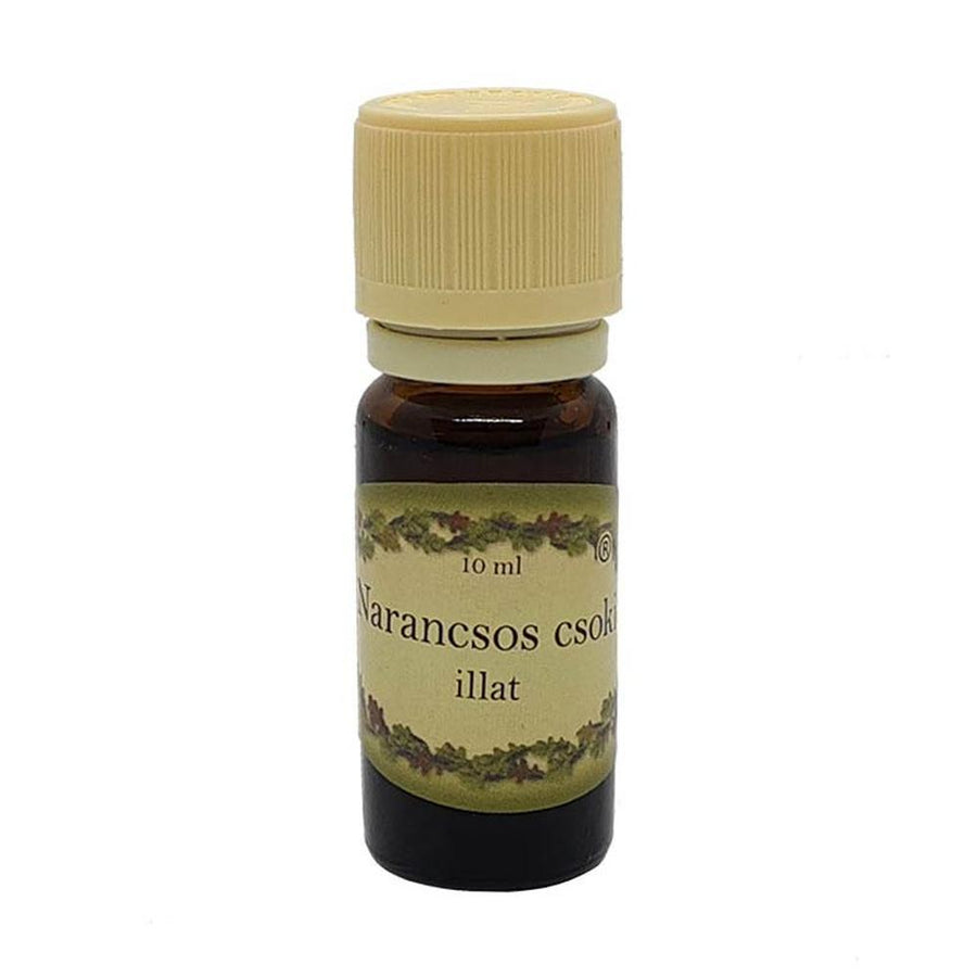 Narancsos csoki illóolaj 10 ml-es barna üvegcsében, krémszínű kupakkal, édes-citrusos aromával, párologtatásra ajánlva.