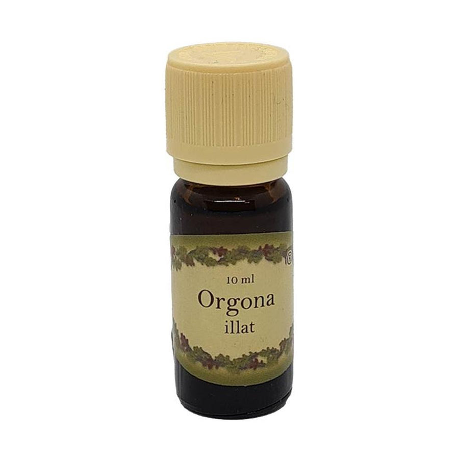Orgona illatú illóolaj 10 ml-es barna üvegcsében, világos kupakkal, finom virágos illattal, párologtatásra.