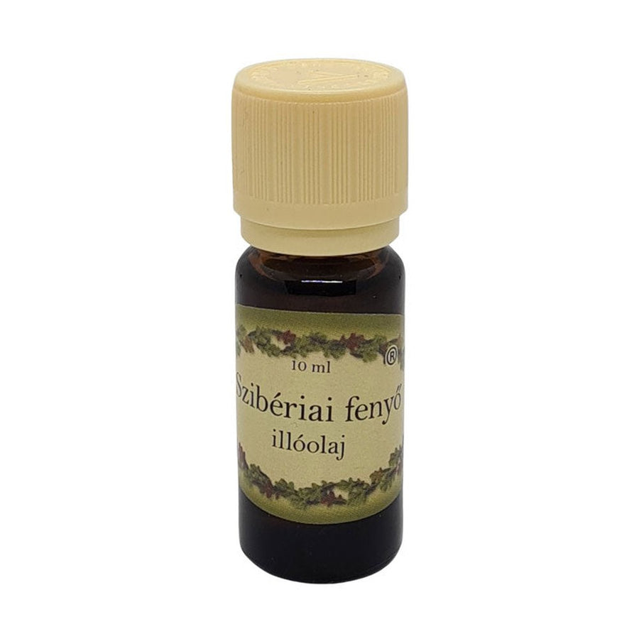Szibériai fenyő illóolaj 10 ml‑es barna üvegben, krémszínű kupakkal, friss, fás, erdei aromával, párologtatáshoz.