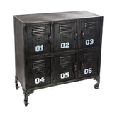 Antik szürke színű, ipari stílusú számozott fém komód.