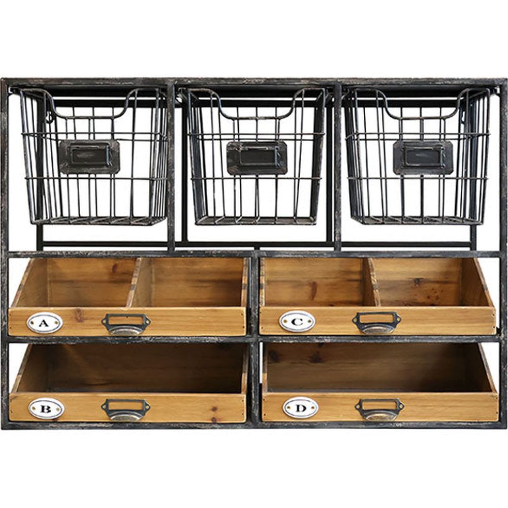 Ipari stílusú 4 fiókos és 3 tárolókosaras fali polc.