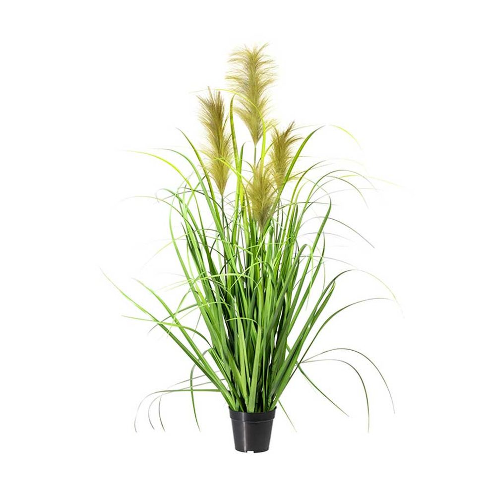 Zöld színű, natúr bugákkal rendelkező, 120 cm magas, mű japán díszfű bokor, fekete műanyag kaspóban.