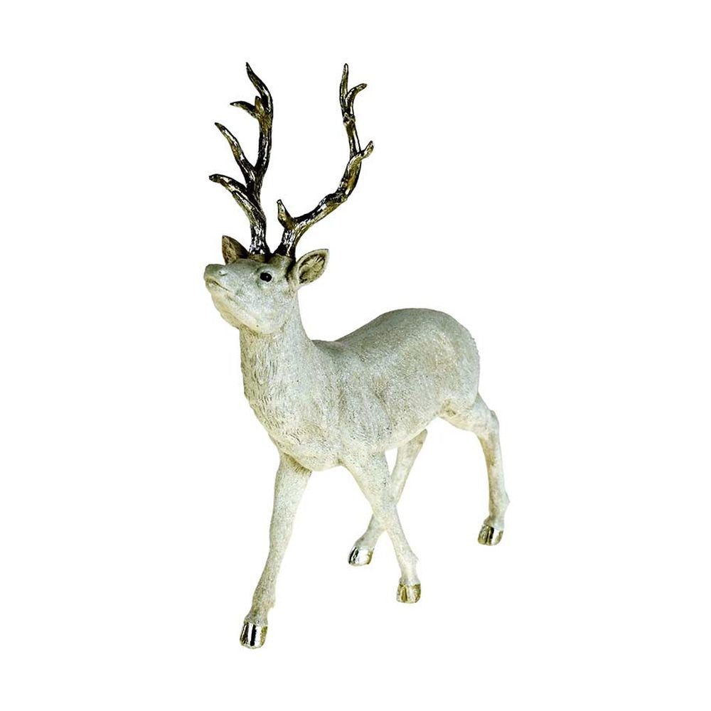 Glamour stílusú, fehér színű, deres hatású, ezüst agancsú és patájú exkluzív karácsonyi szarvas.