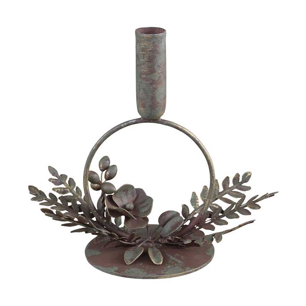 Vintage stílusú, antikolt felületű, fém virágokkal és levelekkel díszített antik réz színű karácsonyi gyertyatartó