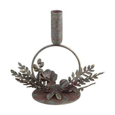 Vintage stílusú, antikolt felületű, fém virágokkal és levelekkel díszített antik réz színű karácsonyi gyertyatartó