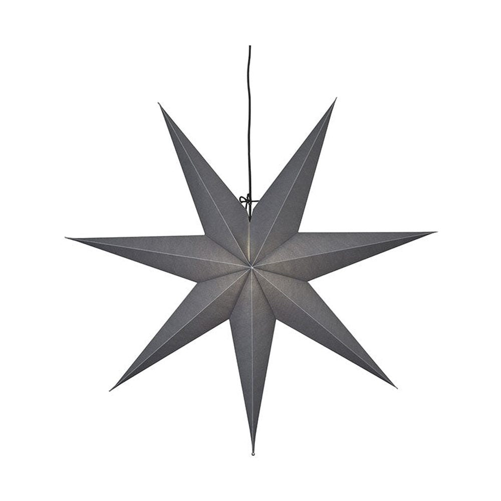 Modern, skandináv stílusú, 70 cm átmérőjű, szürkeszínű papírból készült, csillag formájú karácsonyi dekor függeszték lámpa.