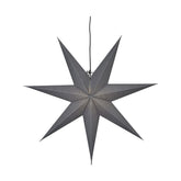 Modern, skandináv stílusú, 70 cm átmérőjű, szürkeszínű papírból készült, csillag formájú karácsonyi dekor függeszték lámpa.
