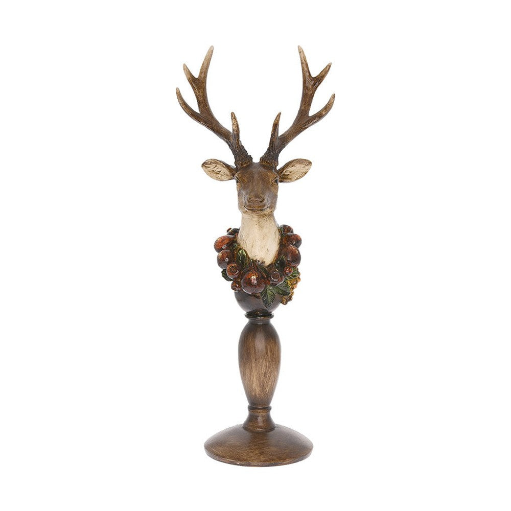 Vintage stílus, csipkebogyó koszorúval díszített, dekoratív karácsonyi szarvas mellszobor.
