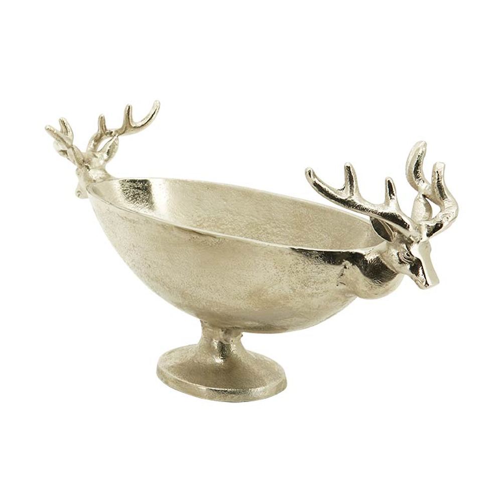 Prémium minőségű, 54 cm hosszú, ovális formájú, szarvasfejekkel díszített, ezüst színű karácsonyi talpas fémtál