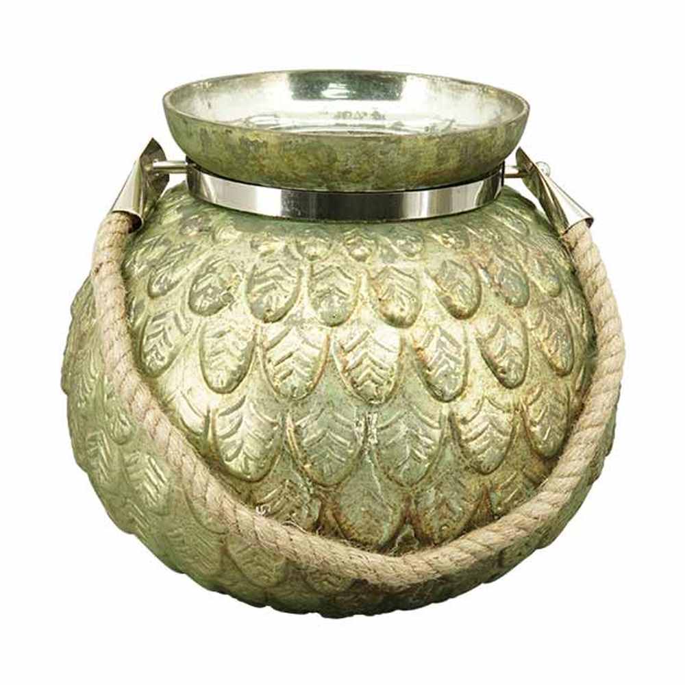 Zöldes antikolt arany színű, dombormintás felületű, nagyméretű, 20 cm átmérőjű kézműves karácsonyi üveg mécsestartó