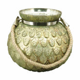 Zöldes antikolt arany színű, dombormintás felületű, nagyméretű, 20 cm átmérőjű kézműves karácsonyi üveg mécsestartó