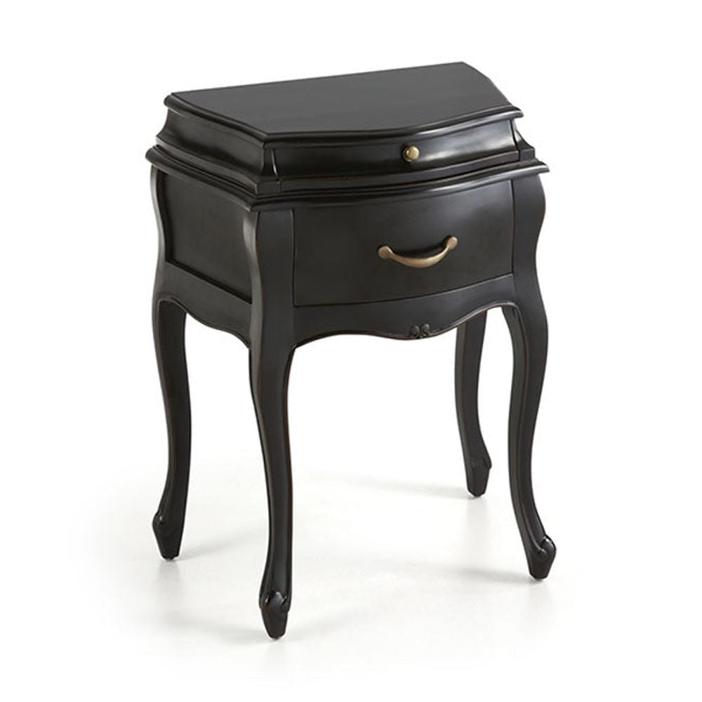 Mahagónifából készült klasszikus koloniál stílusú, fekete színű kézműves éjjeliszekrény.