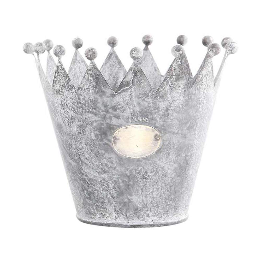 Vidéki vintage stílusú, antikolt felületű, 15 cm átmérőjű korona formájú bádog kaspó.