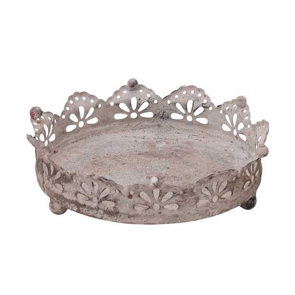Vintage stílusú, fémcsipkével díszített, koronás bádogtálca