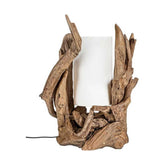 Kortárs stílusú, újrahasznosított, göcsörtös mangófából készült asztali lámpa.