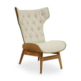 Prémium minőségű, kortárs stílusú, hajlított szilfából készült fehér színű vászonnal kárpitozott szárnyas relaxációs szék