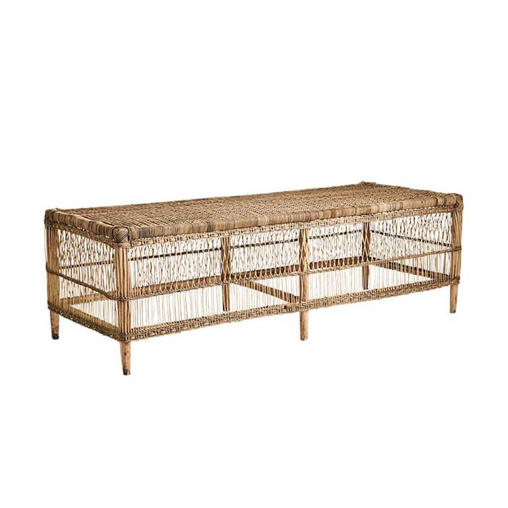 Prémium minőségű, formatervezett, kortárs törzsi stílusú, natúr színű, 160 cm hosszú, kézműves rattan dohányzóasztal