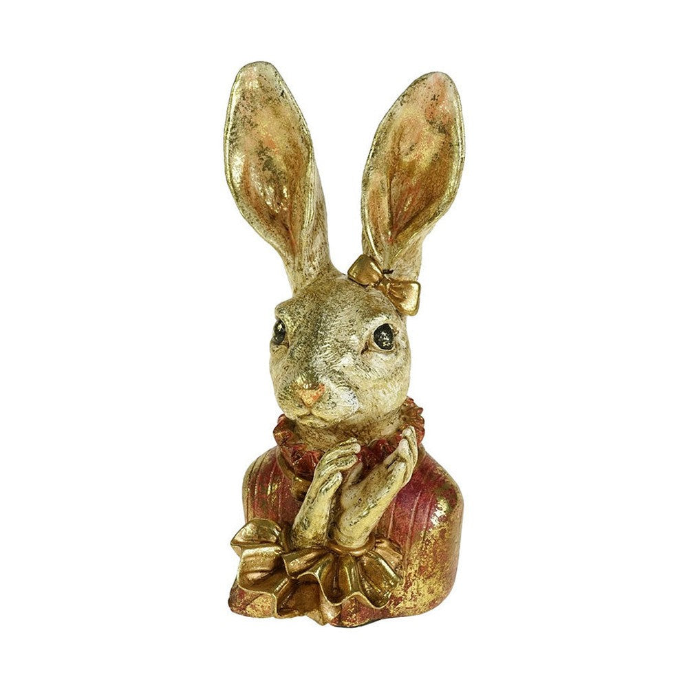 Antikolt felületű, arany masnival díszített, galléros nyuszi lány mellszobor.