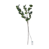 Élethű, 90 cm magas, mesterséges eukaliptusz ág műnövény, beépített, időzíthető meleg fehér fényű, harmatcsepp formájú LED világítással