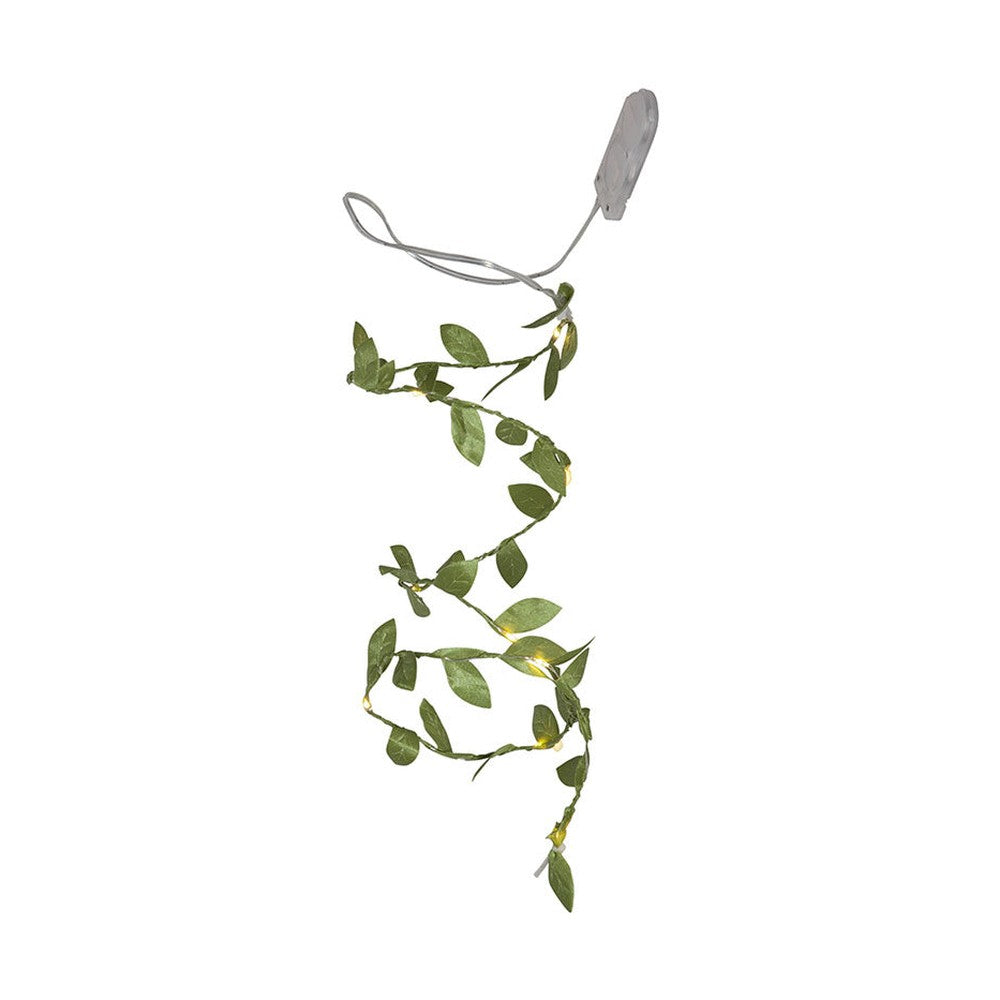 Mesterséges, 95 cm hosszú apró, zöld levelű girland műnövény, meleg fehér fényű, harmatcsepp formájú LED világítással