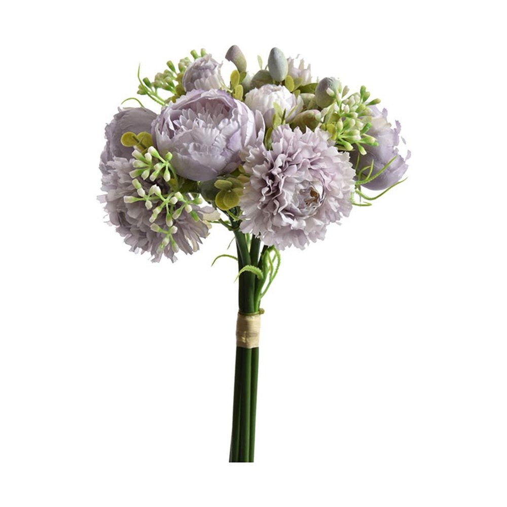 Élethű megjelenésű, mesterséges lila színű dáliából és pünkösdirózsából készült művirág csokor