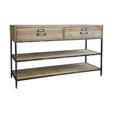 Natúr színű, loft stílusú 2 fiókos, 2 polcos konzolasztal.