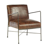 Natúr színű vasból készült, barna színű marhabőrrel kárpitozott, kortárs-loft stílusú, formatervezett prémium karosszék.