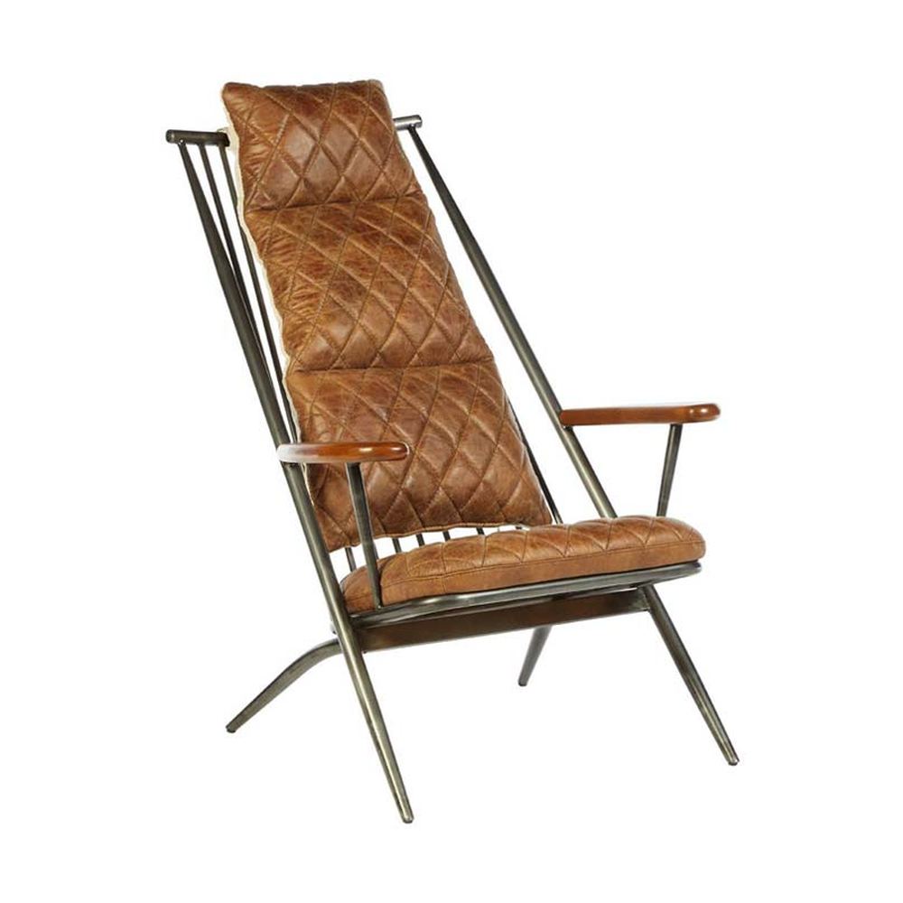 Vasból készült, vintage barna színű marhabőrrel kárpitozott, kortárs-loft stílusú, formatervezett prémium pihenő karosszék.