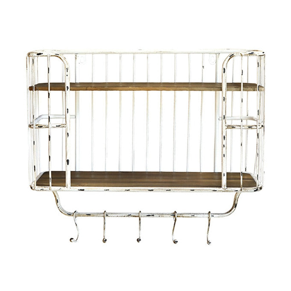 Loft stílusú, 52 cm hosszú, antikolt felületű, fém fogasokkal felszerelt konyhai falipolc.