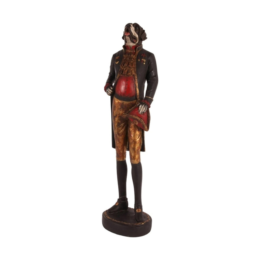 Fub Funky stílusú, antikolt felületű, nagyméretű, 80 cm magas, bordó, barna és antik arany színű, 18. századbeli öltözetet viselő lord kutya figura.