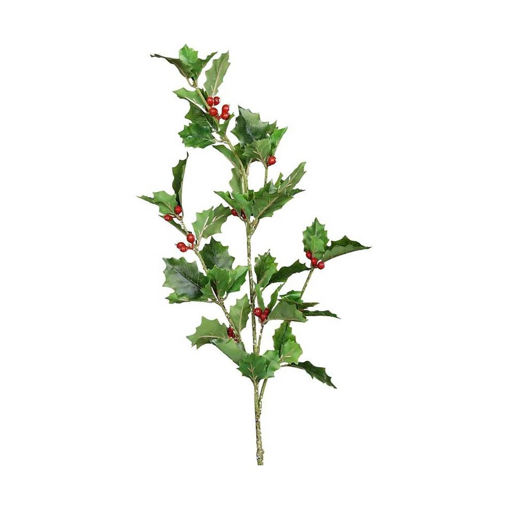 Mesterséges piros bogyós karácsonyi magyal ág, zöld színű levelekkel.
