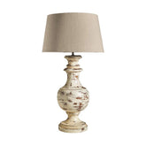 Prémium kategóriás, mangófából faragott nagyméretű, antik krém színű asztali lámpa, pamut lámpaernyővel