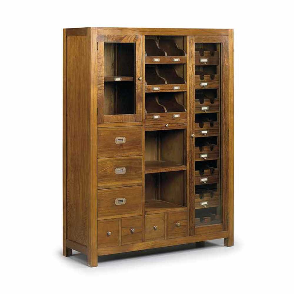 Loft stílusú, mindifából készült kézműves vitrines fiókos bárszekrény.