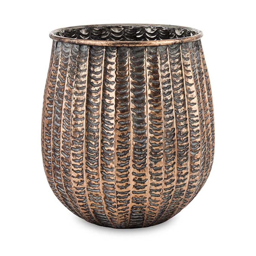 Kortárs, modern stílusú, dombormintás felületű, réz színű, nagyméretű fém kaspó