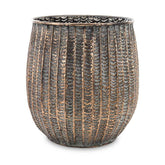 Kortárs, modern stílusú, dombormintás felületű, réz színű, nagyméretű fém kaspó