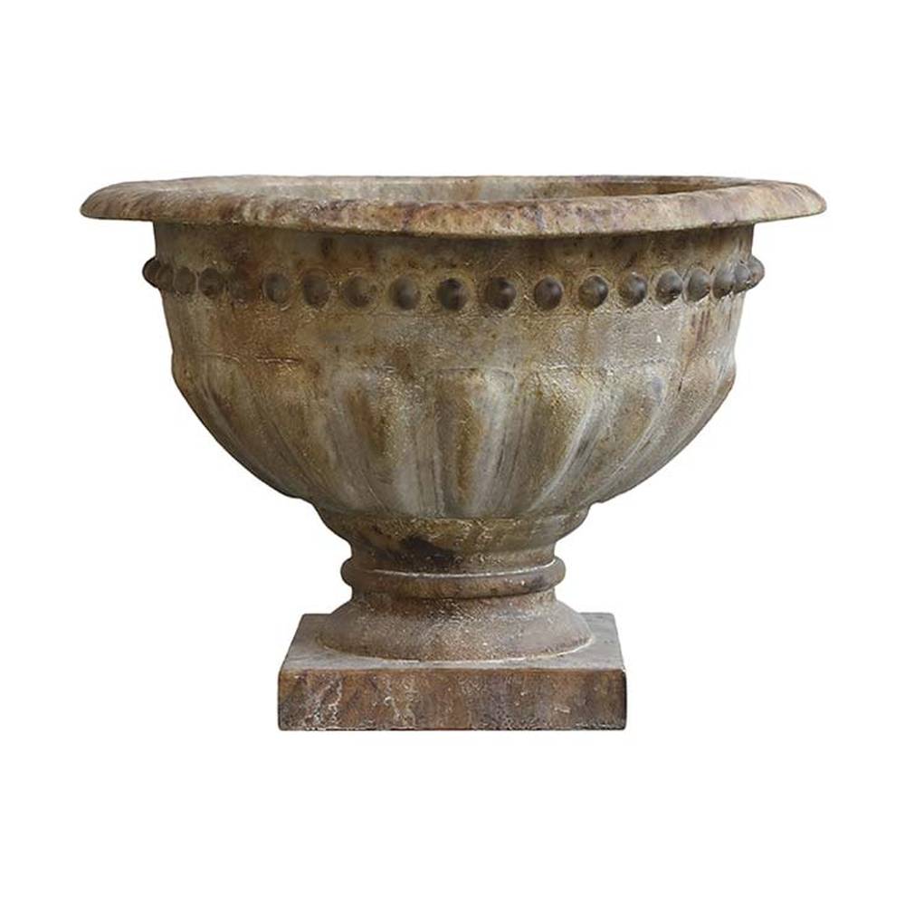 Prémium minőségű, vidéki, provanszi stílusú, nagyméretű, 51 cm átmérőjű, antikolt, patinás felületű, fém kaspó