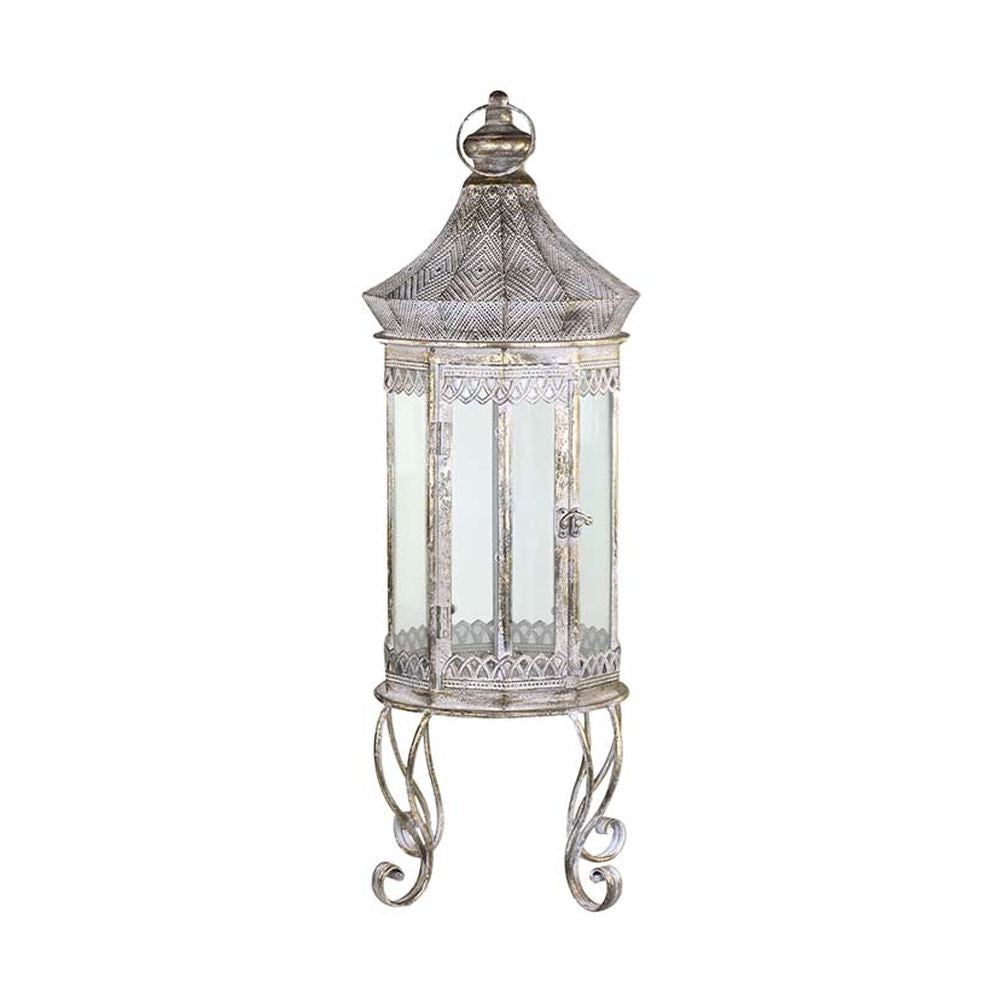 Nagyméretű, 76 cm magas, Oriental stílusú, óarany színű patinás felületű, dombormintával és fémcsipkével díszített, lábakon álló fém lámpás